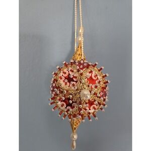 Vintage Handmade Satin Christmas Ornament Push Pin Ball Beaded Beads Red Gold